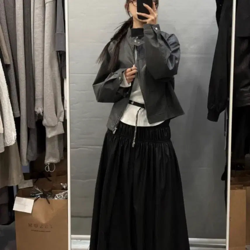 [BUNJANG] Black High-Neck Leather Biker Jacket / 하이넥 블랙 레더 바이커 자켓