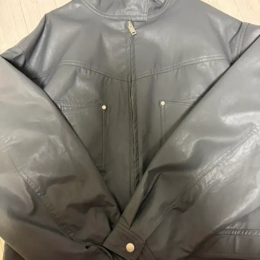 [BUNJANG] Black High-Neck Leather Biker Jacket / 하이넥 블랙 레더 바이커 자켓