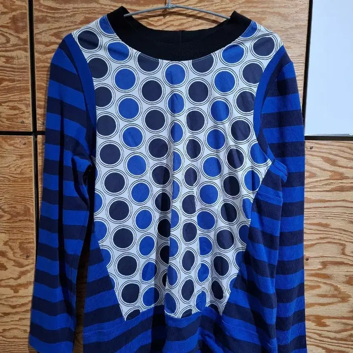 [BUNJANG] Blue Striped Dot Pattern Long Sleeve T-shirt / 블루 스트라이프 도트 패턴 긴팔 티셔츠