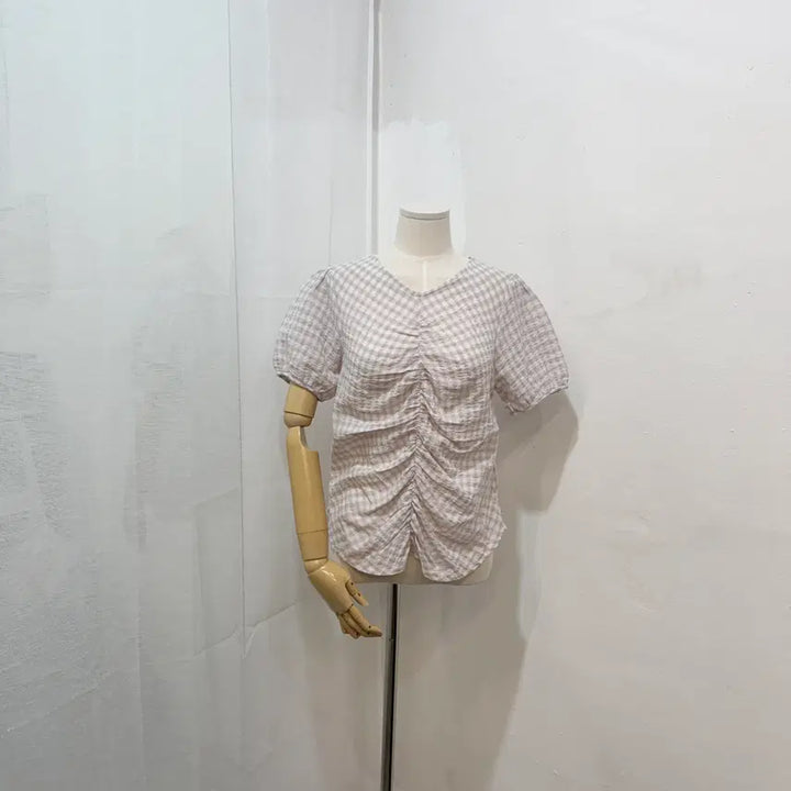 [BUNJANG] Purple Check Pleated Blouse / 연보라 체크 주름블라우스 반소매 반팔블라우스 2354