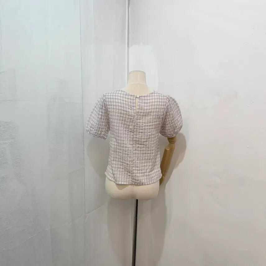 [BUNJANG] Purple Check Pleated Blouse / 연보라 체크 주름블라우스 반소매 반팔블라우스 2354