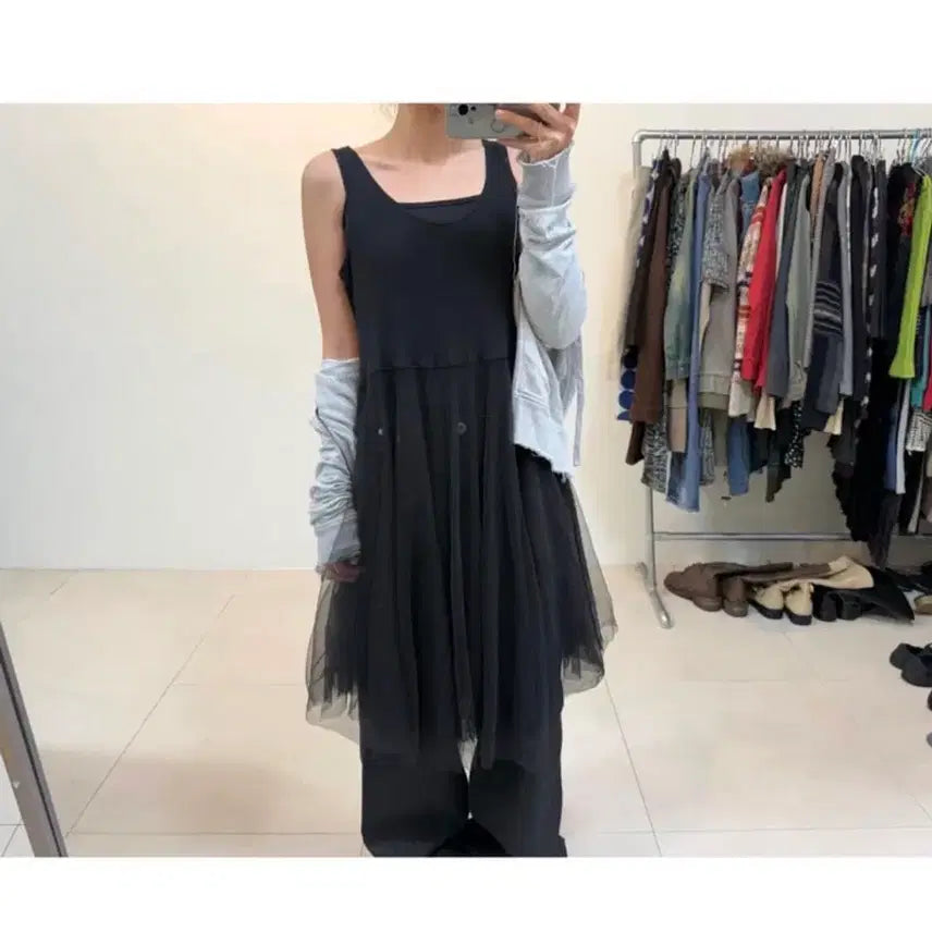 [BUNJANG] Black Layered Dress / 블랙 샤 레이어드 빈티지원피스
