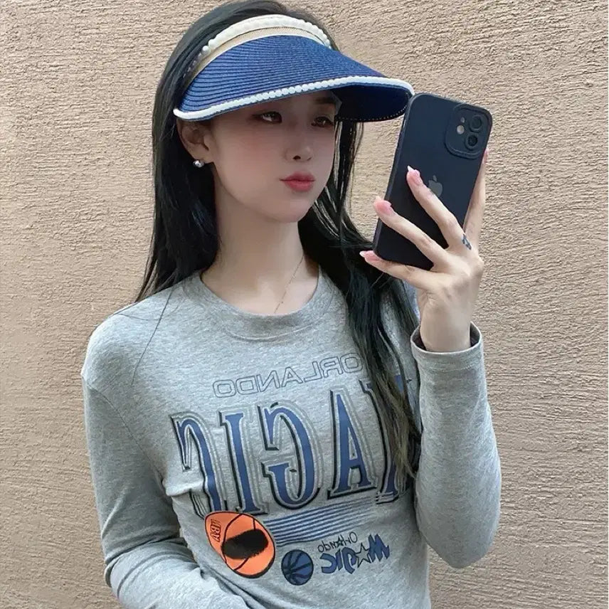 [BUNJANG] Sun Cap Blue Summer Vacation Hat / 진주 썬캡 블루 바캉스 모자 여름 라탄 선캡 모자