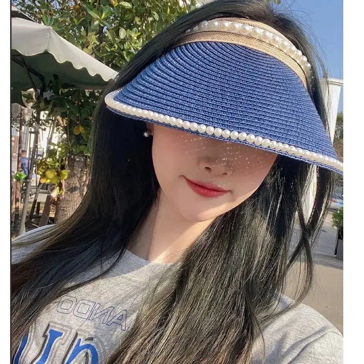 [BUNJANG] Sun Cap Blue Summer Vacation Hat / 진주 썬캡 블루 바캉스 모자 여름 라탄 선캡 모자