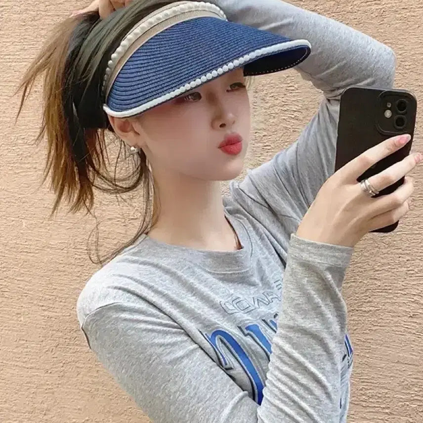 [BUNJANG] Sun Cap Blue Summer Vacation Hat / 진주 썬캡 블루 바캉스 모자 여름 라탄 선캡 모자