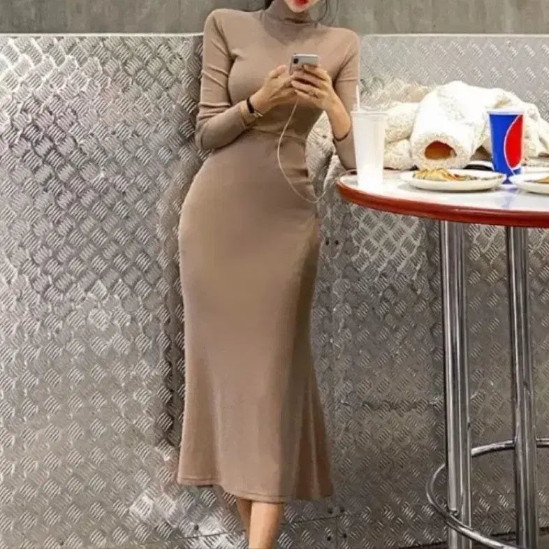 [BUNJANG] Unopened Black Ribbed Turtleneck Long Dress / 골지 목폴라 롱 원피스 블랙M미개봉 얇은면소재
