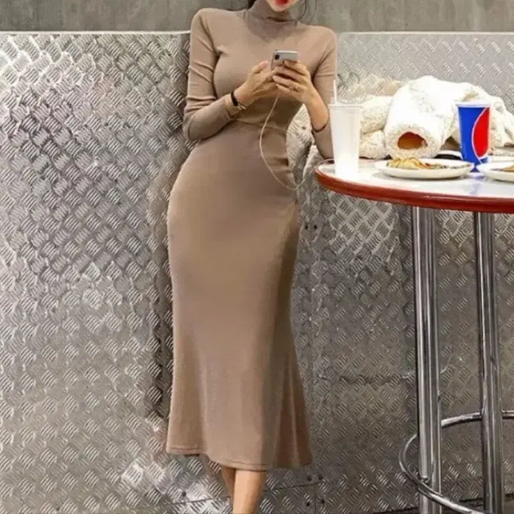 [BUNJANG] Unopened Black Ribbed Turtleneck Long Dress / 골지 목폴라 롱 원피스 블랙M미개봉 얇은면소재