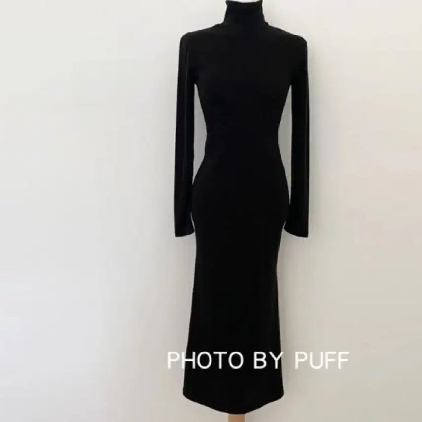 [BUNJANG] Unopened Black Ribbed Turtleneck Long Dress / 골지 목폴라 롱 원피스 블랙M미개봉 얇은면소재