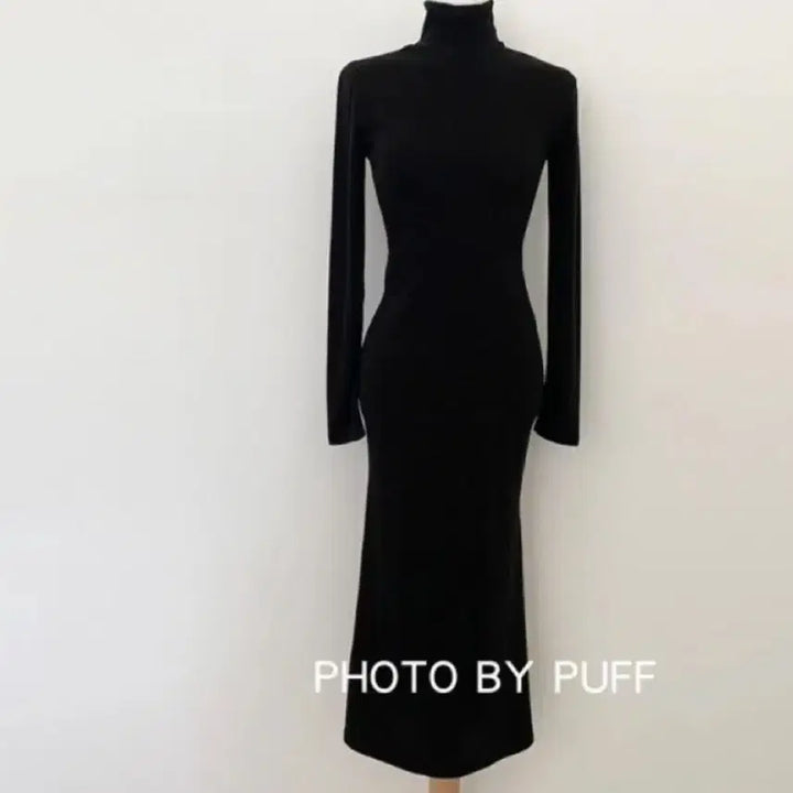 [BUNJANG] Unopened Black Ribbed Turtleneck Long Dress / 골지 목폴라 롱 원피스 블랙M미개봉 얇은면소재