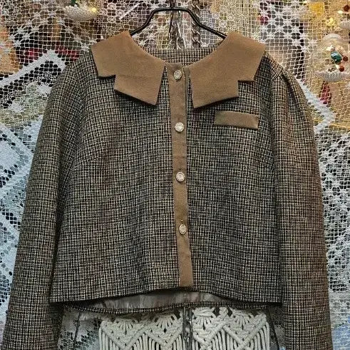 [BUNJANG] Vintage Checkered Crop Jacket and Skirt Set / 빈티지 체크 자켓 브라운 칼라 크롭스커트