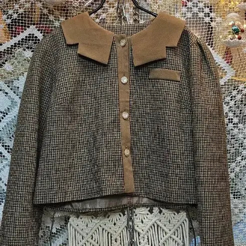 [BUNJANG] Vintage Checkered Crop Jacket and Skirt Set / 빈티지 체크 자켓 브라운 칼라 크롭스커트