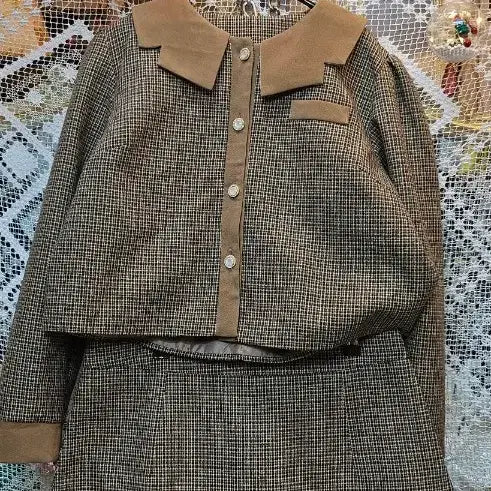 [BUNJANG] Vintage Checkered Crop Jacket and Skirt Set / 빈티지 체크 자켓 브라운 칼라 크롭스커트