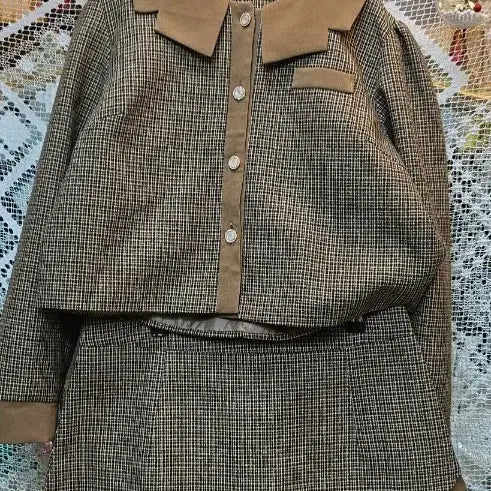 [BUNJANG] Vintage Checkered Crop Jacket and Skirt Set / 빈티지 체크 자켓 브라운 칼라 크롭스커트