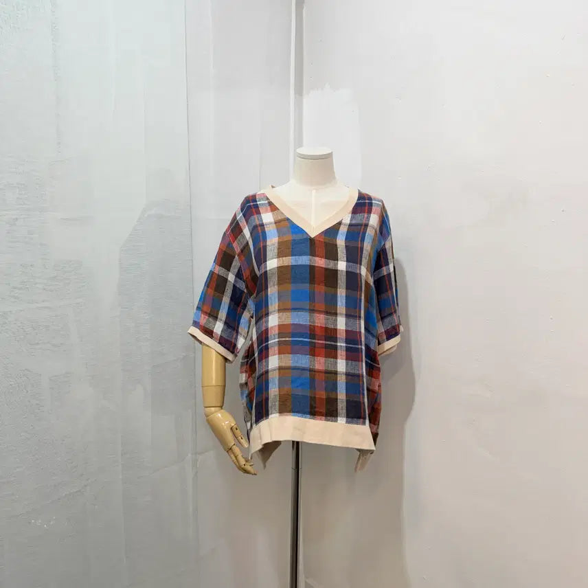 [BUNJANG] V-Neck Check Linen Blouse / 브이넥 체크블라우스 린넨 리넨 3443