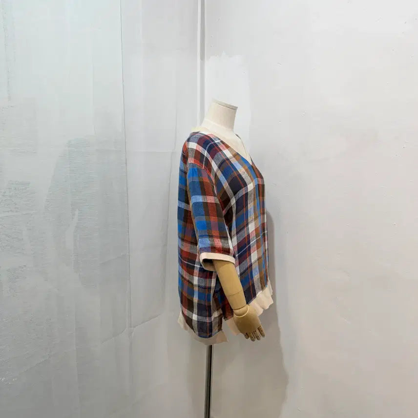 [BUNJANG] V-Neck Check Linen Blouse / 브이넥 체크블라우스 린넨 리넨 3443