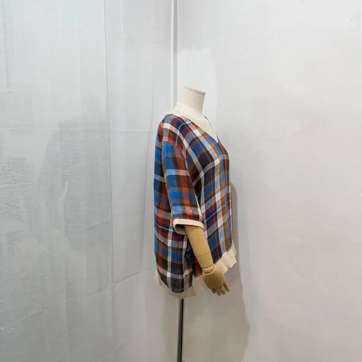 [BUNJANG] V-Neck Check Linen Blouse / 브이넥 체크블라우스 린넨 리넨 3443