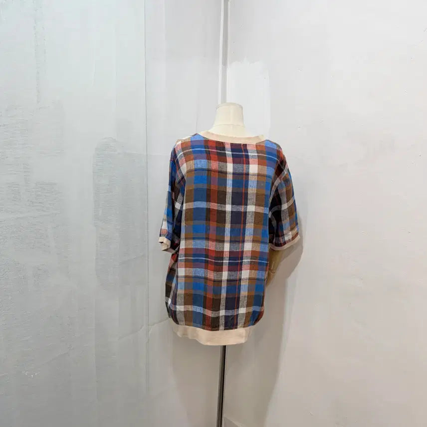 [BUNJANG] V-Neck Check Linen Blouse / 브이넥 체크블라우스 린넨 리넨 3443