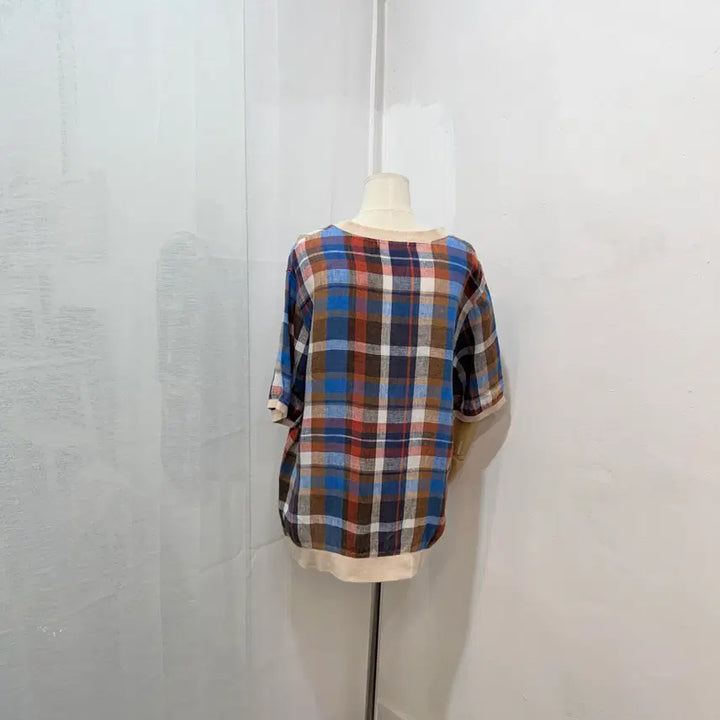[BUNJANG] V-Neck Check Linen Blouse / 브이넥 체크블라우스 린넨 리넨 3443