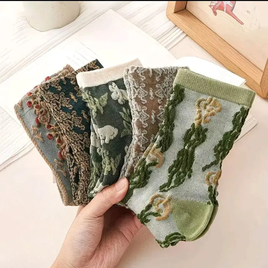 [BUNJANG] Floral Embroidery Socks (5 Pairs) / 플라워 패턴 자수 양말 5쌍