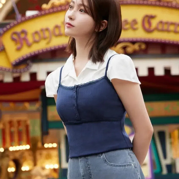 [BUNJANG] 8 Seconds Lace Button Sleeveless Navy Top / (택 있음) 에잇세컨즈 레이스 버튼 슬리브리스 네이비 s