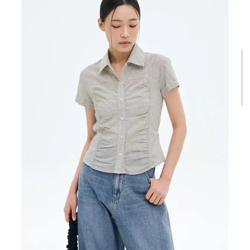 [BUNJANG] 8 Seconds Shirring Check Shirt Beige S / 에잇세컨즈 셔링 체크 셔츠 베이지 s