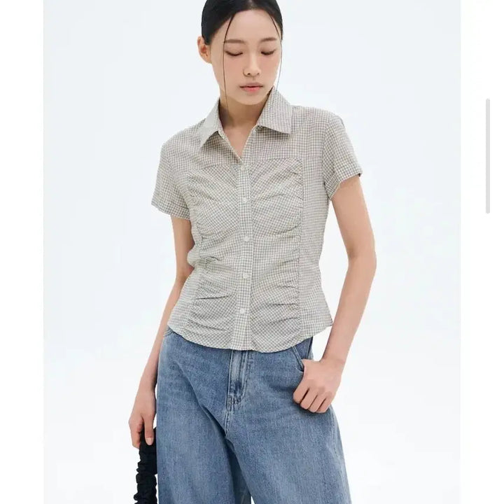 [BUNJANG] 8 Seconds Shirring Check Shirt Beige S / 에잇세컨즈 셔링 체크 셔츠 베이지 s