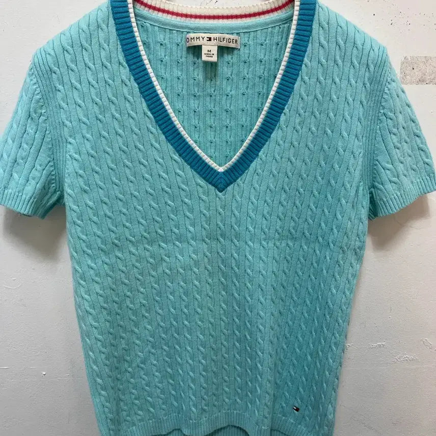[BUNJANG] Tommy Hilfiger Mint Cable Knit Short Sleeve Top / 타미힐피거 민트색 케이블 니트 반팔티 여자M