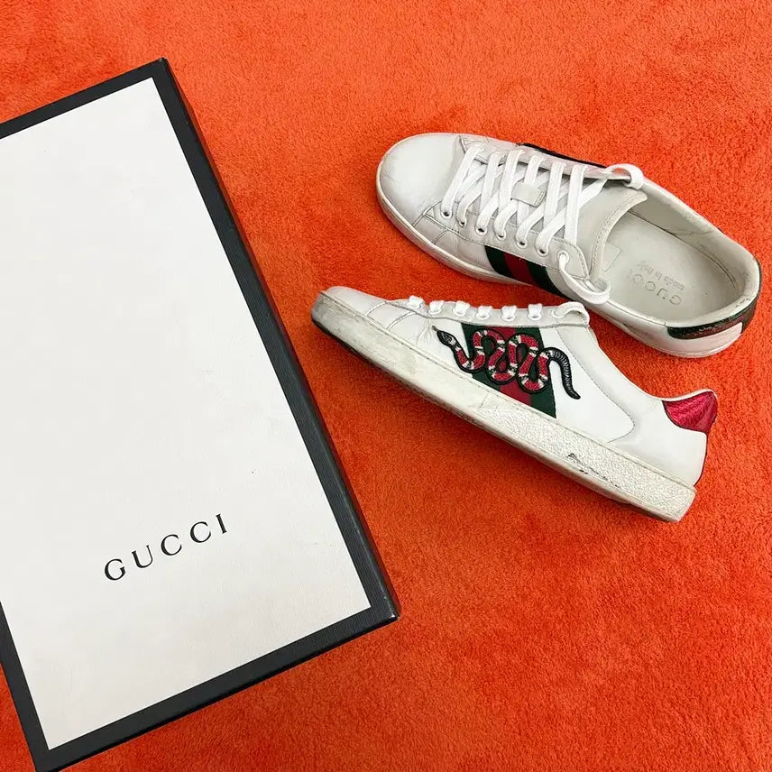 [BUNJANG] Gucci Snake Detail White Leather Sneakers / [구찌] 스네이크 스니커즈 화이트 456230 / G7사이즈 / B급