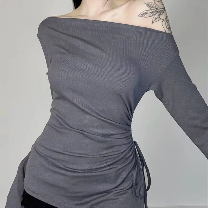 [BUNJANG] Amebli Temu Grey Off-Shoulder Shirring Long-Sleeve T-Shirt / 에이블리 테무 회색 오프숄더 셔링 긴팔 티셔츠