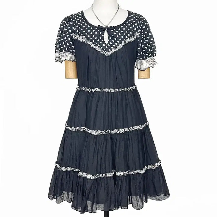 [BUNJANG] Japanese Vintage Polka Dot Balloon Sleeve Ruffle Shirring Dress / 일본빈티지 도트벌룬캡소매프릴셔링캉캉원피스블랙 모리걸하구미룩갸루y2k히피