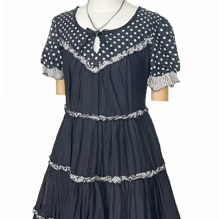 [BUNJANG] Japanese Vintage Polka Dot Balloon Sleeve Ruffle Shirring Dress / 일본빈티지 도트벌룬캡소매프릴셔링캉캉원피스블랙 모리걸하구미룩갸루y2k히피
