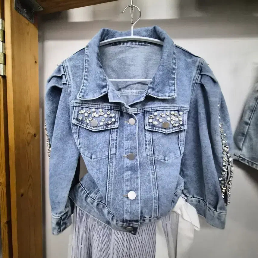 [BUNJANG] Stone Beads Balloon Denim Jacket &amp; Zigot Lace Layered Skirt / 스톤비즈 벌룬 반팔 데님자켓.지고트 레이스 원피스