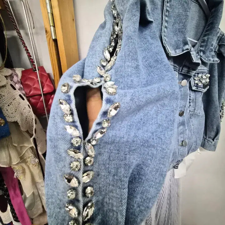 [BUNJANG] Stone Beads Balloon Denim Jacket &amp; Zigot Lace Layered Skirt / 스톤비즈 벌룬 반팔 데님자켓.지고트 레이스 원피스