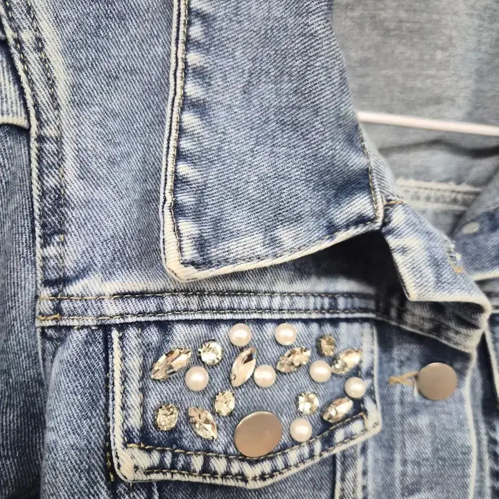 [BUNJANG] Stone Beads Balloon Denim Jacket &amp; Zigot Lace Layered Skirt / 스톤비즈 벌룬 반팔 데님자켓.지고트 레이스 원피스