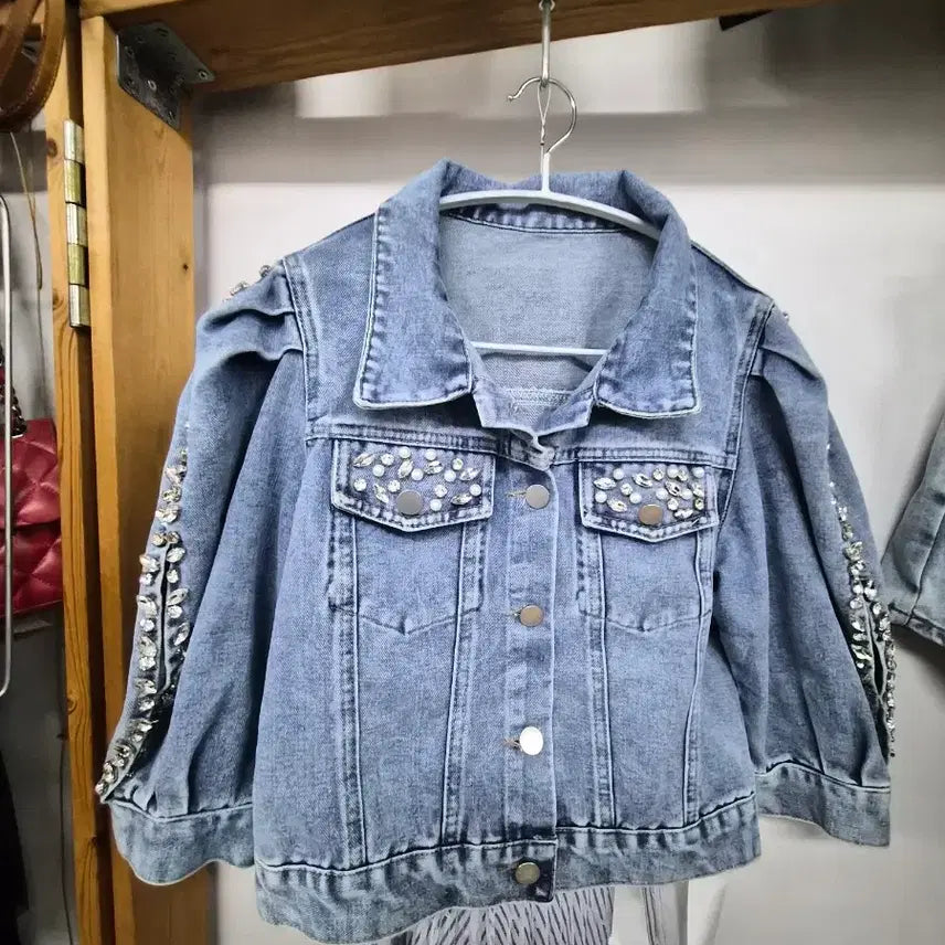 [BUNJANG] Stone Beads Balloon Denim Jacket &amp; Zigot Lace Layered Skirt / 스톤비즈 벌룬 반팔 데님자켓.지고트 레이스 원피스