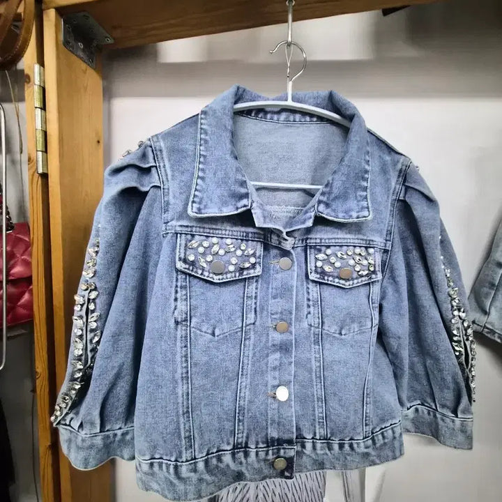 [BUNJANG] Stone Beads Balloon Denim Jacket &amp; Zigot Lace Layered Skirt / 스톤비즈 벌룬 반팔 데님자켓.지고트 레이스 원피스