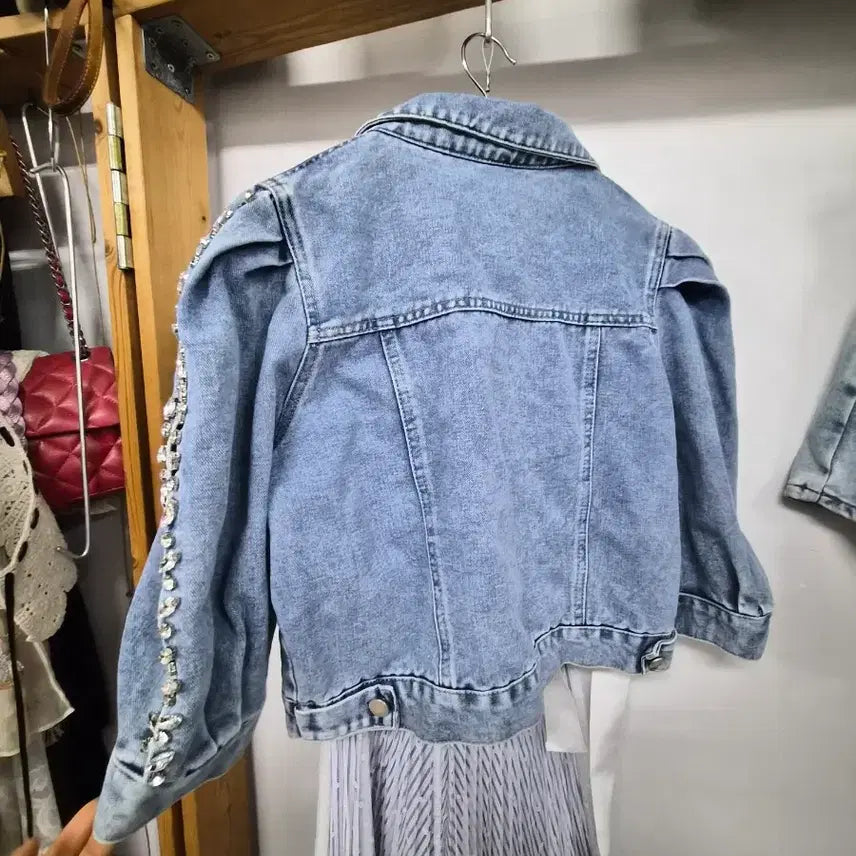 [BUNJANG] Stone Beads Balloon Denim Jacket &amp; Zigot Lace Layered Skirt / 스톤비즈 벌룬 반팔 데님자켓.지고트 레이스 원피스