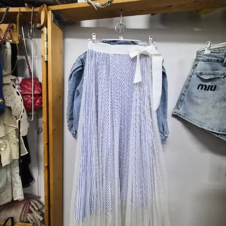[BUNJANG] Stone Beads Balloon Denim Jacket &amp; Zigot Lace Layered Skirt / 스톤비즈 벌룬 반팔 데님자켓.지고트 레이스 원피스