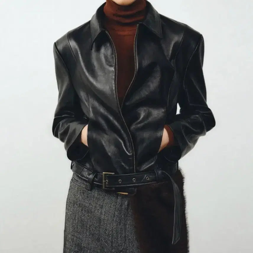 [BUNJANG] Noirer Lambskin Leather Belted Crop Jacket / 노이어 양가죽(100%) 램스 레더 벨티드 크롭 자켓