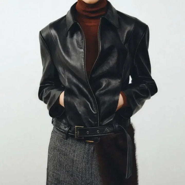 [BUNJANG] Noirer Lambskin Leather Belted Crop Jacket / 노이어 양가죽(100%) 램스 레더 벨티드 크롭 자켓