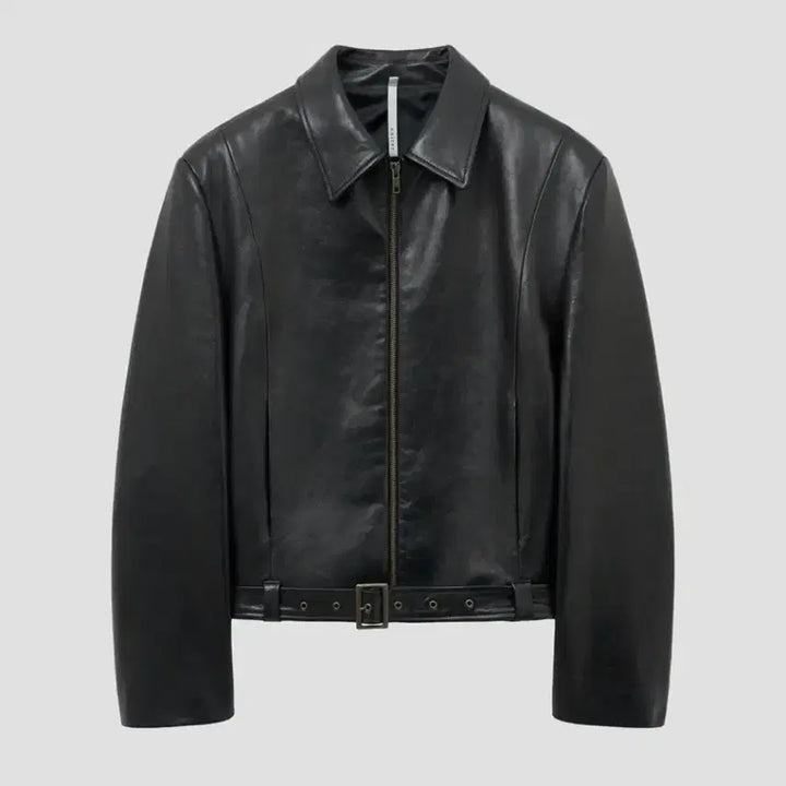 [BUNJANG] Noirer Lambskin Leather Belted Crop Jacket / 노이어 양가죽(100%) 램스 레더 벨티드 크롭 자켓