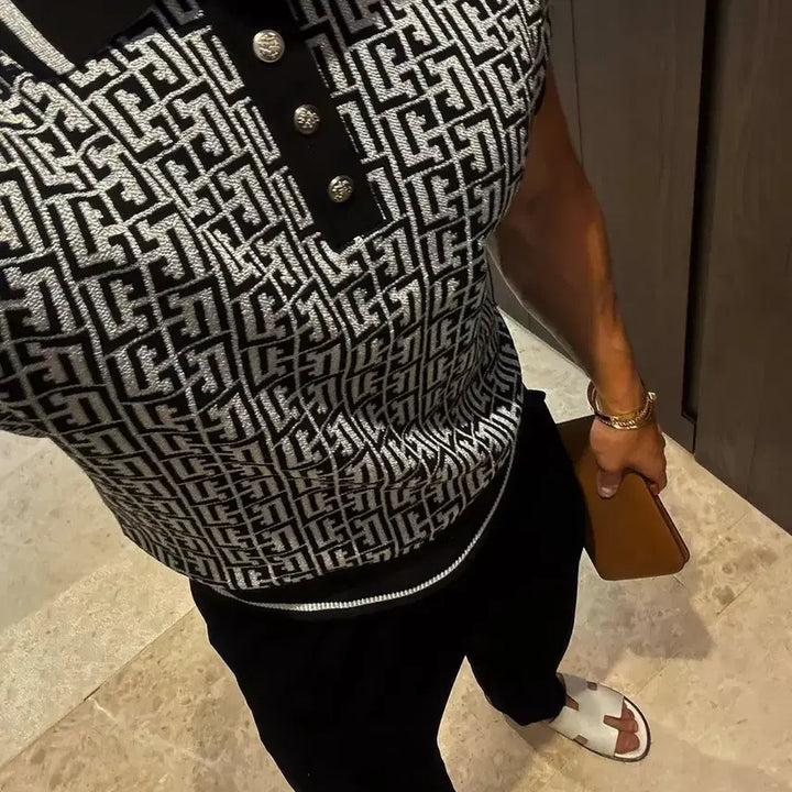 [BUNJANG] Raffinato Etoile Monogram Pattern Short-Sleeve Polo Shirt Silver Size 52 / 라피나토 에뚜알 모노그램 패턴 반팔 카라티 실버 52사이즈 판매