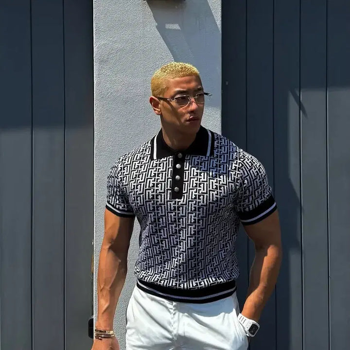 [BUNJANG] Raffinato Etoile Monogram Pattern Short-Sleeve Polo Shirt Silver Size 52 / 라피나토 에뚜알 모노그램 패턴 반팔 카라티 실버 52사이즈 판매