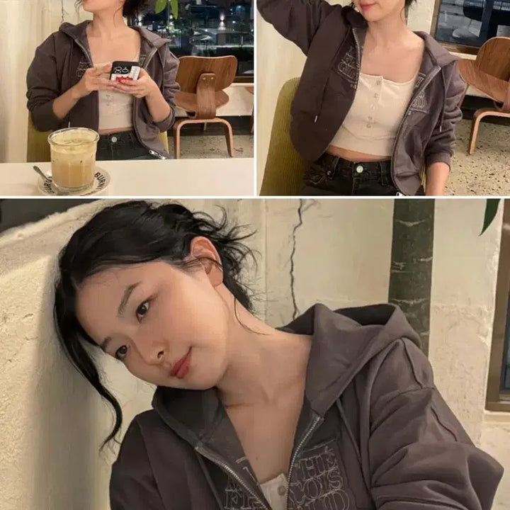 [BUNJANG] Marithe Logo Zip-up &amp; Pants Set Charcoal Brown (Seulgi&