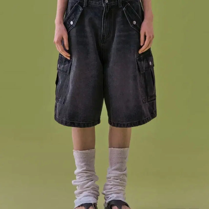 [BUNJANG] Fancy Club Bermuda Denim Cargo Pants (Black) / 팬시클럽 버뮤다 데님 카고 팬츠 (BLACK)