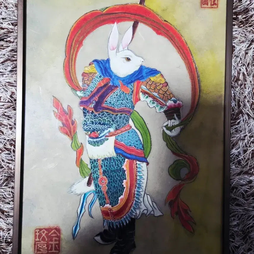 [BUNJANG] Korean Folk Painting (Minhwa) Zodiac Rabbit Framed Artwork by Kim Min-seo / 12지신 토끼띠 민화 그림 액자