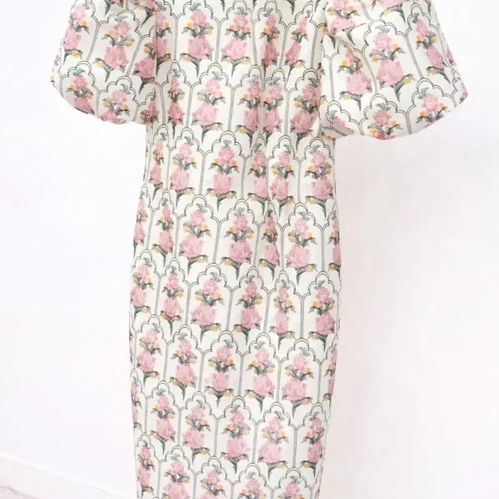[BUNJANG] Flower Pattern Pink Puff Long Dress / (미착용 새상품)플라워 패턴 핑크 퍼프 롱 원피스