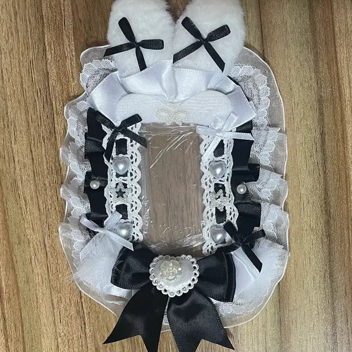 [BUNJANG] Handmade Black Rabbit Angel Wing Lace Ribbon Photocard Holder Toploader / 리본 레이스 탑꾸 포카홀더 탑로더 수제 토끼 천사 날개 검정 블랙
