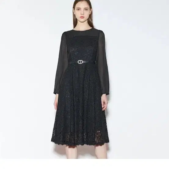 [BUNJANG] Kenneth Lady Lace Belt Dress Black / 케네스레이디 레이스 벨트 원피스 블랙