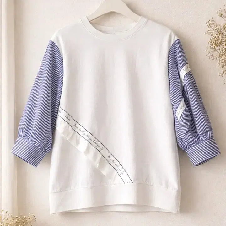 [BUNJANG] Designer White Stripe Color-Block Blouse / 화이트 스트라이프 배색 티 여성 디자이너 블라우스 5566사이즈